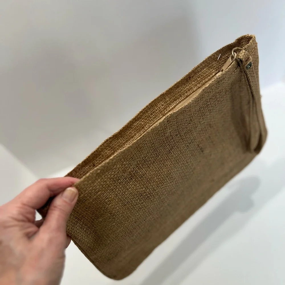 Vintage burlap / Jute zippered clutch with genuine leather trim & original tag.